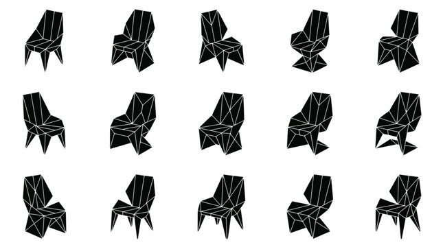 Geometric Low Poly Chair Icon Set Vector Illustration, Modern Origami Dining Chair Collection, Polygonal Seat & Armchair Logo, Black Silhouette Graphic Design Element