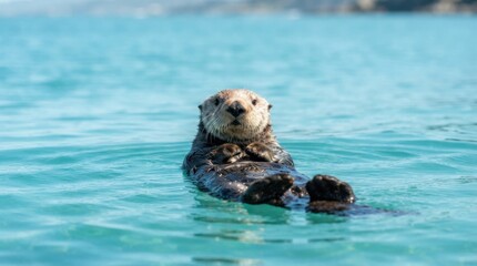 Naklejka premium Sea Otter Floating Gracefully in Clear Turquoise Water