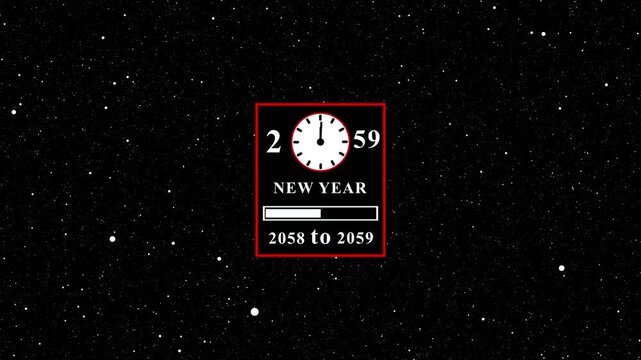 New year countdown on space background with clock showing time.