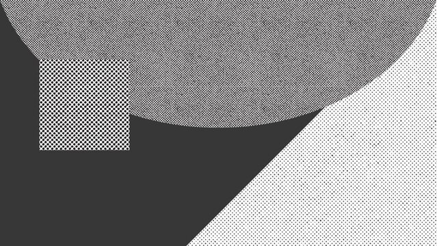 Abstract geometric pattern with halftones and solid shapes in monochrome