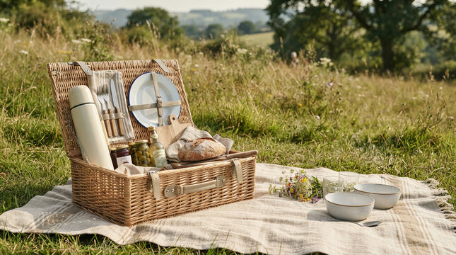 Wicker picnic basket filled with tableware and bread on a striped field blanket