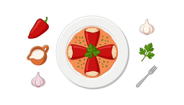 Traditional Spanish pimientos del piquillo rellenos stuffed red peppers vector illustration set featuring white plate cream sauce garlic and parsley on white background