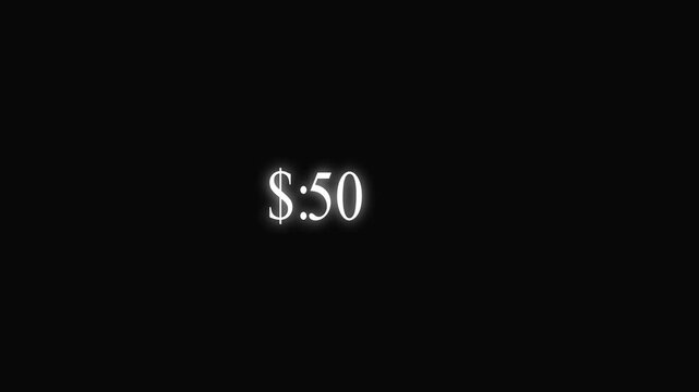 Dollar growth timer up to 50  Dollar Money Countdown, 50 dollars Animated Number Counter, Counting fast from 0 to 50 dollars . Concept of money and currency