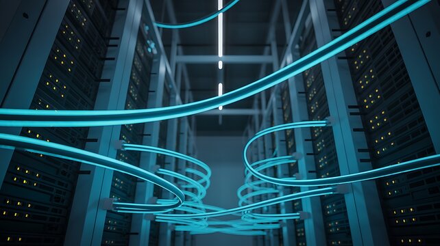Low angle view of glowing blue network cables running through server racks in a high-tech data center.