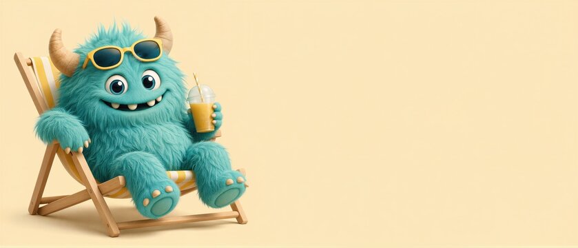 Funny fluffy teal monster wearing yellow sunglasses relaxing in beach chair with cold drink. Cute creature enjoying summer vacation on pastel background. Banner with copy space