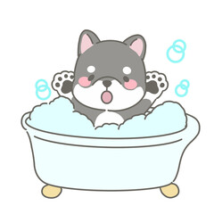 Naklejka premium お風呂に入ってはしゃぐ黒い柴犬のキャラクターの手描きイラスト