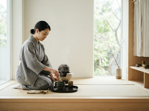 A woman is kneeling on a tatami mat and preparing tea in a comfortable interior