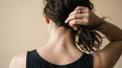 Fototapeta premium Woman Styling Hair with Hand Against Neutral Background
