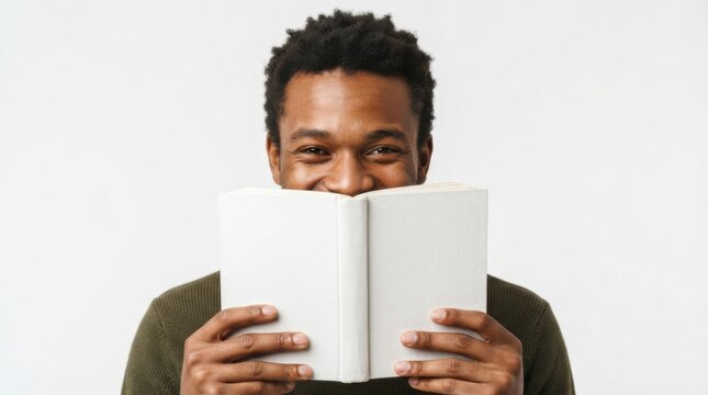 Smiling Man Holding a Blank Book in Front of His Face