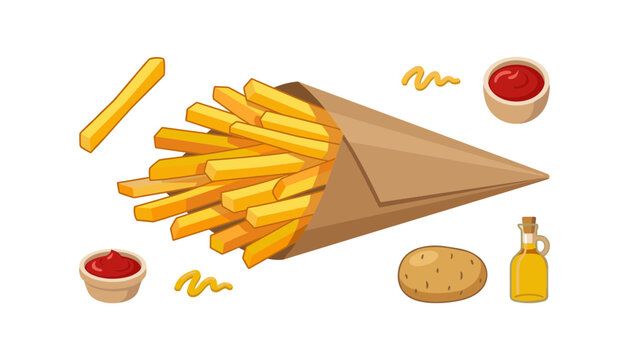 Crispy golden french fries vector illustration set featuring potato chips in a brown paper cone ketchup sauce bowls whole potato mustard and oil bottle on white background