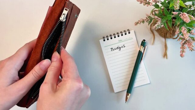A close-up of a woman's hands removing coins from a purse and placing them on a white table next to a "Budget" notepad. Conceptual representation of budgeting, spending, saving, and financial planning