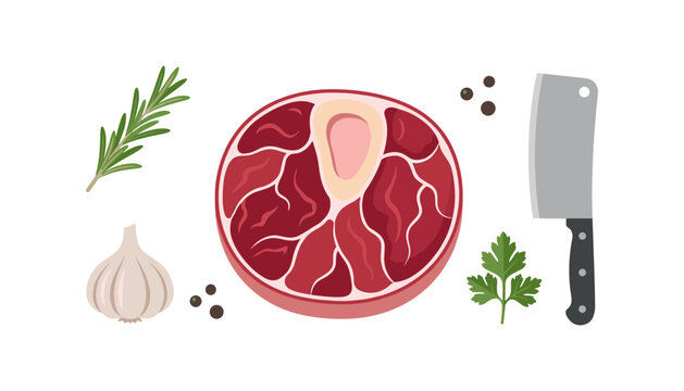 Fresh raw osso buco beef shank meat vector illustration set featuring cross cut shank bone marrow cleaver knife rosemary sprig garlic and peppercorns on white background