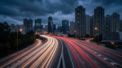 Fototapeta premium Urban Highway Interchange at Twilight with Long Exposure Traffic Light Trails and Modern City Skyline