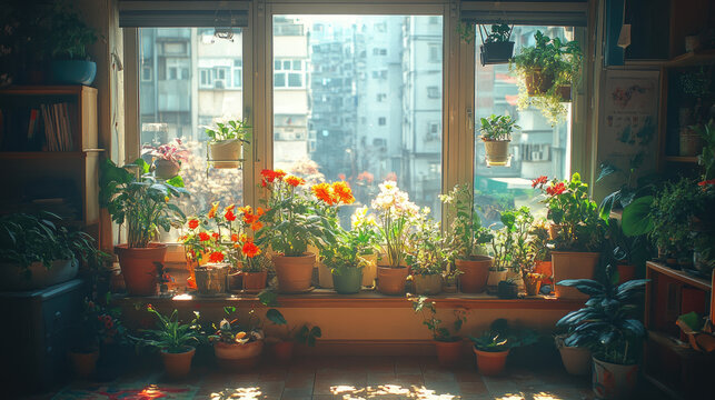 Cozy Apartment Window with Abundant Houseplants and City View