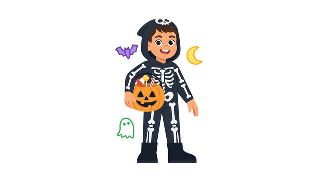 Cute child wearing skeleton costume holding pumpkin bucket trick or treating halloween vector illustration