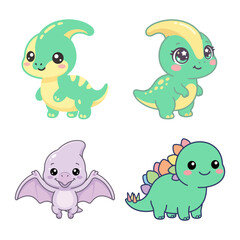 Four cartoon dinosaur characters with large eyes and colorful details on a transparent background reptile © Mahmudul Masud