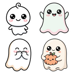 Obraz premium Kawaii ghost and pumpkin character collection colorful vector illustrations on a transparent background ghosts halloween