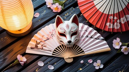 Naklejka premium Traditional Japanese cultural items set with fox mask fan lantern umbrella