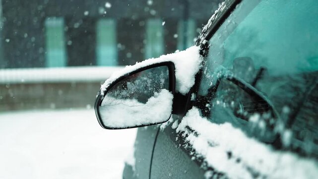 Close-up of a snow-covered wing mirror on a vehicle door after a heavy winter blizzard. Frozen automobile on outdoor parking lot, cold seasonal weather and transport concept.
