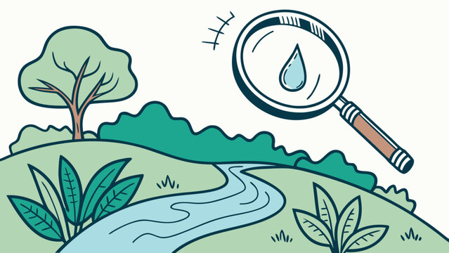 Flat vector illustration of a magnifying glass inspecting a pristine water drop above a clean river ecosystem for world water monitoring day concept