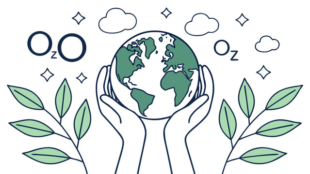 Flat vector illustration of hands holding planet earth for ozone layer preservation and environmental protection day concept with green leaves