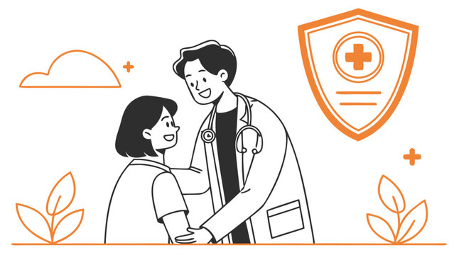 Flat vector illustration of a caring doctor comforting a patient with a medical protective shield icon for world patient safety day concept