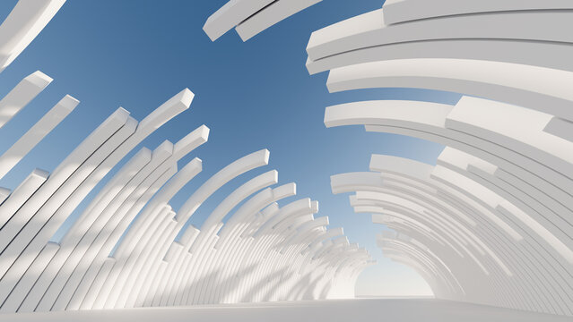 Abstract architecture background. White modern futuristic building with parametric geometric wave facade. Architectural minimal construction design corridor tunnel under blue sky. 3d render
