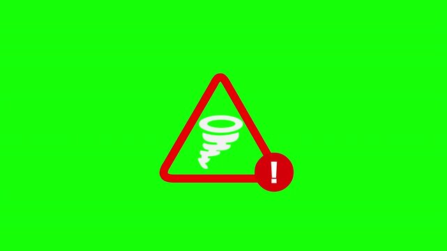2D Tornado Warning Sign with Red Hazard Triangle and Severe Weather Symbol on Green Screen