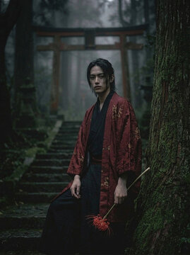 Young man in traditional red kimono standing on stone stairs under a torii gate in a misty forest