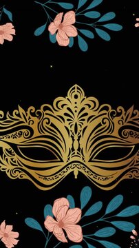 Animation of gold carnival mask and flowers over snow falling on black background
