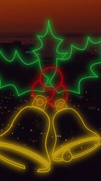 Animation of flickering neon christmas decoration over cityscape background