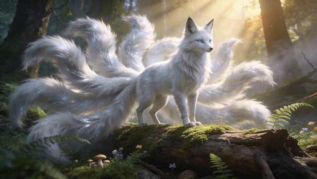 Mystical Nine Tailed White Kitsune Fox Standing on Mossy Log in Enchanted Forest Landscape