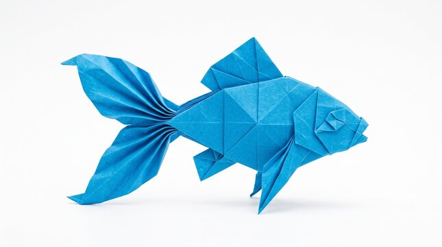 Origami fish made from bright blue paper, dynamic folded fins and geometric body, isolated on pure white background, realistic paper texture, commercial stock photo