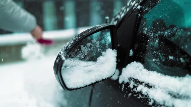 Close-up of a snow-covered wing mirror on a vehicle door after a heavy winter blizzard. Frozen automobile on outdoor parking lot, cold seasonal weather and transport concept.