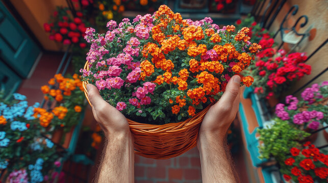 Hands holding a basket overflowing with vibrant pink and orange flowers, with a charming building facade in the background.