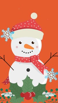 Animation of snow falling over christmas winter scenery with snowman