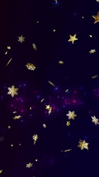 Animation of gold christmas snowflakes with glowing blue and purple lights on black background