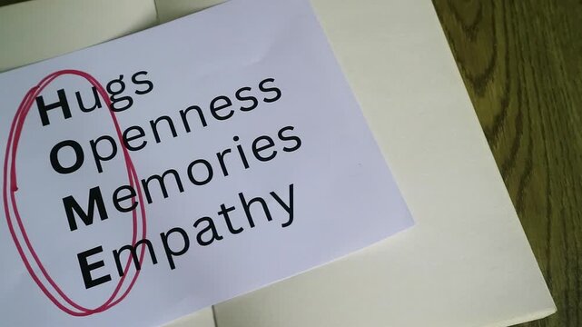 A conceptual list of positive values defining the meaning of home,  hugs openness memories and empathy