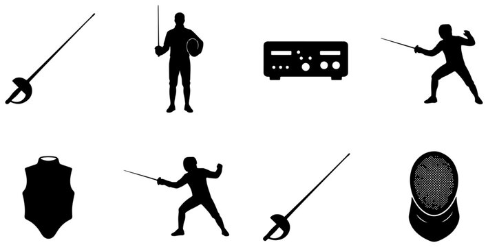 Fencing Sport Icons Set: Silhouette Athletes, Swords, Shield, Mask, and Equipment Vector Graphics for Sports and Competition Themes