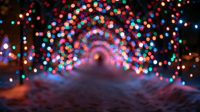 Colorful Bokeh Christmas Lights Tunnel Abstract Background