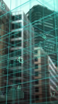 Animation of financial data processing over cityscape