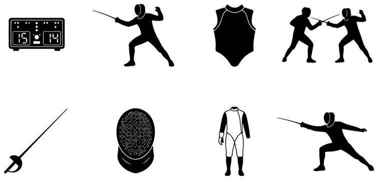 Fencing Icons Set: Athletes, Gear, and Scoreboard Vector Graphics for Sports and Competition