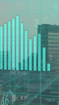 Animation of financial data processing over cityscape