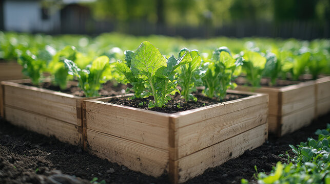Vibrant young lettuce plants growing in raised wooden garden beds, lush green leaves, organic farming, healthy food concept, sunny day