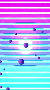 Animation of purple spheres moving over changing colourful background