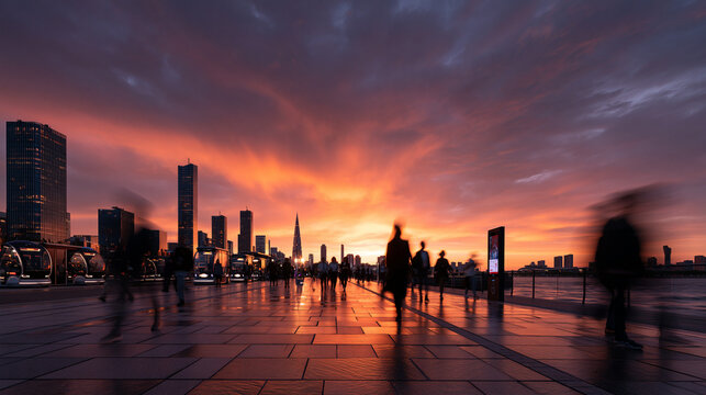Futuristic City Skyline at Sunset with Commuters on Waterfront Promenade