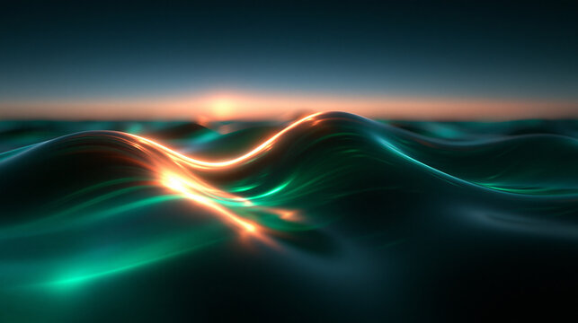 Abstract Glowing Liquid Wave Surface Background at Sunset
