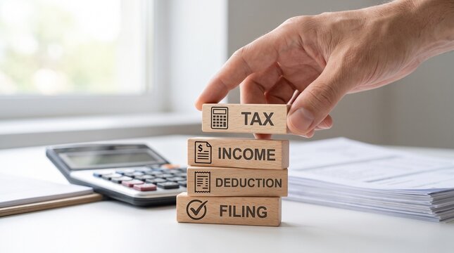 Hand stacking wooden blocks with tax income deduction filing icons near calculator representing financial planning