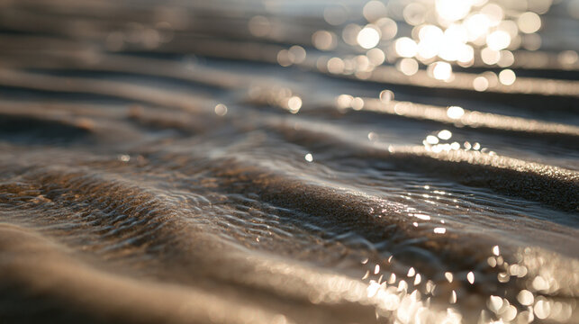 Wet Sand Ripples on Beach with Glowing Sunlight Bokeh