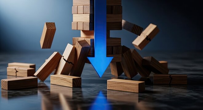 Collapsing wooden block tower with blue downward arrow.